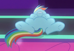 Size: 339x233 | Tagged: safe, derpibooru import, screencap, rainbow dash, pegasus, pony, grannies gone wild, cropped, featureless crotch, female, mare, on back, solo