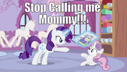 Size: 994x559 | Tagged: safe, rarity, sweetie belle, pony, unicorn, caption, image macro, implications, meme