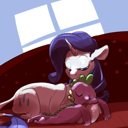 Size: 1024x1024 | Tagged: safe, artist:imsokyo, rarity, spike, classical unicorn, dragon, pony, unicorn, cuddling, cute, eyes closed, fainting couch, female, fluffy, leonine tail, lidded eyes, male, open mouth, prone, shipping, sleeping, smiling, snuggling, sofa, sparity, spikelove, straight, tumblr