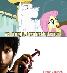 Size: 637x702 | Tagged: safe, bulk biceps, fluttershy, pegasus, pony, blonde, blonde mane, blonde tail, blue eyes, curtain, ear piercing, exploitable meme, female, kamen rider, kamen rider kabuto, looking to side, looking to the right, male, mare, meme, open mouth, piercing, pink mane, pink tail, red eyes, replacement meme, smiling, spread wings, stallion, tendou souji, text, white coat, wings, yellow coat