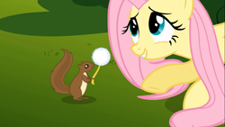 Size: 1366x768 | Tagged: safe, screencap, fluttershy, pegasus, pony, squirrel, swarm of the century, cute, dandelion, female, mare, raised hoof, shyabetes, smiling