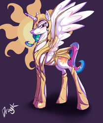 Size: 1200x1433 | Tagged: safe, artist:dragk, princess celestia, alicorn, pony, armor, bedroom eyes, blushing, female, looking at you, mare, smiling, solo, spread wings