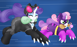 Size: 2279x1399 | Tagged: safe, artist:blackbewhite2k7, rarity, sweetie belle, pony, unicorn, batman, candy, catgirl, catwoman, kitrina falcone, money, parody, robbery, running, sisters