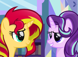 Size: 3153x2326 | Tagged: safe, artist:comfydove, starlight glimmer, sunset shimmer, pony, unicorn, bookshelf, duo, female, looking at each other, mare, mirror, smiling, twilight's castle