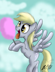 Size: 1024x1334 | Tagged: safe, artist:mitsi1991, derpy hooves, pegasus, pony, cotton candy, female, flying, food, happy, mare, solo, tongue out