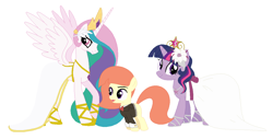 Size: 1200x610 | Tagged: safe, artist:unoriginai, princess celestia, twilight sparkle, oc, oc:dawn, alicorn, pony, cute, dawn, female, lesbian, magical lesbian spawn, mama twilight, marriage, momlestia, offspring, parent:princess celestia, parent:twilight sparkle, parents:twilestia, sandals, shipping, simple background, transparent background, twilestia