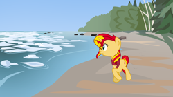 Size: 2870x1614 | Tagged: safe, artist:aaronmk, sunset shimmer, pony, beach, clothes, forest, ice, scarf