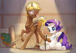 Size: 2958x2060 | Tagged: safe, artist:gsphere, rarity, trenderhoof, pony, unicorn, belly button, bondage, breast collar, bridle, farrier, female, file, hoof tickling, hooficure, horses doing horse things, horses doing human things, livestock play, male, rope, saddle, straight, tack, tickling, trenderity, underhoof