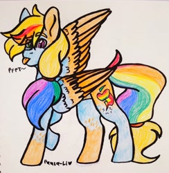 Size: 2274x2326 | Tagged: safe, artist:paula-li, derpibooru import, applejack, rainbow dash, earth pony, pony, female, fusion, heterochromia, tongue out, traditional art