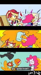 Size: 400x727 | Tagged: safe, artist:rvceric, pinkie pie, sunset shimmer, eqg summertime shorts, equestria girls, the art of friendship, canvas, clothes, comic, disintegration, inkling, jacket, oops, paint can, painting, skirt, splatoon