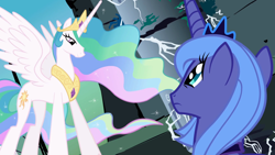 Size: 1920x1080 | Tagged: safe, screencap, princess celestia, princess luna, alicorn, pony, friendship is magic, castle of the royal pony sisters, s1 luna, spread wings