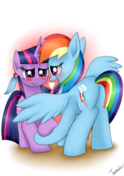 Size: 2480x3507 | Tagged: safe, artist:twidasher, derpibooru import, rainbow dash, twilight sparkle, pegasus, pony, unicorn, blushing, female, heart, lesbian, looking at each other, mare, shipping, simple background, smiling, twidash, white background