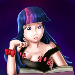 Size: 2048x2048 | Tagged: safe, artist:alexmakovsky, derpibooru import, twilight sparkle, book, cleavage, female, humanized, reading, solo