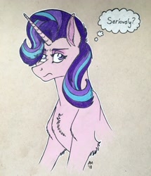 Size: 3024x3524 | Tagged: safe, artist:ambergerr, artist:ambergerrart, starlight glimmer, pony, unicorn, annoyed, chest fluff, dialogue, solo, starlight glimmer day, unamused