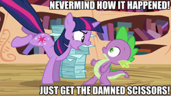 Size: 1280x720 | Tagged: safe, derpibooru import, edit, edited screencap, screencap, spike, twilight sparkle, dragon, pony, unicorn, the crystal empire, caption, female, image macro, male, mare, scissors, text