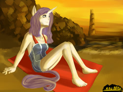 Size: 1440x1080 | Tagged: safe, artist:botasu-orichumo, rarity, anthro, plantigrade anthro, barefoot, beach, feet, human facial structure, pixiv, solo