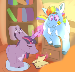 Size: 3329x3200 | Tagged: safe, artist:sadmutty, derpibooru import, rainbow dash, twilight sparkle, twilight sparkle (alicorn), alicorn, pegasus, pony, bandaid, book, female, lesbian, shipping, twidash