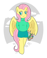 Size: 576x720 | Tagged: safe, artist:oomles, fluttershy, anthro, pegasus, arm behind back, bouquet, clothes, female, flower, smiling, solo, sweater, sweatershy