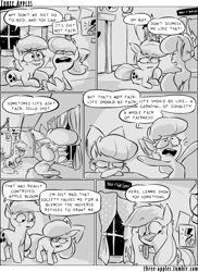 Size: 944x1294 | Tagged: safe, artist:capnpea, apple bloom, applejack, earth pony, pony, comic:three apples, angry, clubhouse, comic, crusaders clubhouse, duo, duo female, female, filly, mare, monochrome, night, prone