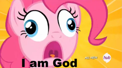 Size: 1015x566 | Tagged: safe, screencap, pinkie pie, earth pony, pony, filli vanilli, derp, god, idolatry, pinkie pie is god, pinkie pious, solo