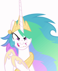 Size: 478x590 | Tagged: safe, artist:ianimateyourpictures, artist:magister39, princess celestia, alicorn, pony, angry, animated, evil grin, eye twitch, female, glare, grin, gritted teeth, insanity, looking at you, mare, messy mane, simple background, snaplestia, solo, teeth, twitch, white background, xk-class end-of-the-world scenario
