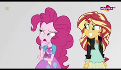 Size: 1024x600 | Tagged: safe, screencap, pinkie pie, sunset shimmer, equestria girls, mirror magic, spoiler:eqg specials, geode of empathy, geode of sugar bombs, mirror world, smiling, teletoon