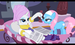 Size: 800x480 | Tagged: safe, screencap, lotus blossom, rarity, pony, unicorn, ponyville confidential, mouth hold, nail file, newspaper, pampering, spa, spoiled