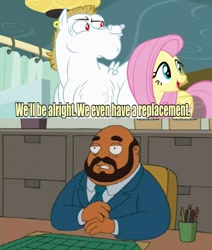 Size: 640x756 | Tagged: safe, bulk biceps, fluttershy, human, pegasus, pony, rainbow falls, american dad, blonde, blonde mane, blonde tail, blue eyes, curtain, ear piercing, earring, exploitable meme, female, human male, jewelry, looking to side, looking to the right, male, mare, meme, open mouth, piercing, pink mane, pink tail, principal lewis, red eyes, replacement meme, smiling, spread wings, stallion, text, white coat, wings, yellow coat
