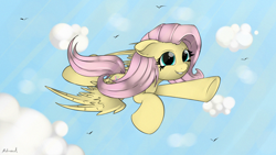 Size: 1920x1080 | Tagged: safe, artist:malamol, fluttershy, pegasus, pony, cloud, cloudy, flying, happy, solo, wallpaper