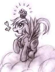 Size: 600x781 | Tagged: artist needed, source needed, safe, derpy hooves, pegasus, pony, cloud, female, mare, monochrome, muffin, traditional art