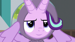 Size: 1440x810 | Tagged: safe, edit, edited edit, edited screencap, screencap, starlight glimmer, alicorn, bicorn, the parent map, alicornified, blanket, clothes, cute, edit of an edit of an edit, edit of an edit of an edit of an edit, editception, extra horn, female, happy, headscarf, horn, inverted mouth, race swap, scarf, silly, solo, starlicorn, upgrade, wat, wings, xk-class end-of-the-world scenario