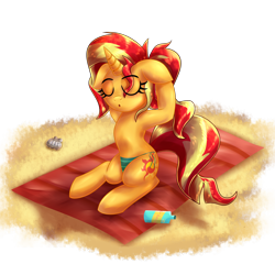 Size: 3000x3000 | Tagged: safe, artist:katakiuchi4u, sunset shimmer, pony, unicorn, armpits, atg 2017, beach, bikini, bikini bottom, clothes, eyes closed, female, mare, newbie artist training grounds, open mouth, sand, solo, sunblock, swimsuit, towel