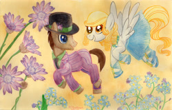 Size: 5069x3254 | Tagged: safe, artist:kelseyleah, derpy hooves, doctor whooves, pony, absurd resolution, clothes, dress, flower, forget me not (flower), male, stallion, suit, traditional art, xeranthemum