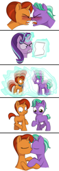 Size: 986x2863 | Tagged: safe, artist:foal, firelight, starlight glimmer, stellar flare, pony, unicorn, age regression, angry, backfired, colt, female, filly, kissing, male, shipping, stellarlight, straight, younger