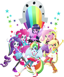 Size: 3000x3606 | Tagged: safe, artist:theshadowstone, derpibooru import, applejack, fluttershy, pinkie pie, rainbow dash, rarity, twilight sparkle, twilight sparkle (alicorn), alicorn, equestria girls, rainbow rocks, humane six, mane six, ponied up, simple background, the rainbooms, transparent background, vector