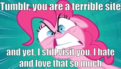 Size: 848x480 | Tagged: safe, edit, edited screencap, screencap, pinkie pie, earth pony, pony, pinkie pride, image macro, meme, rage, ragey pie, solo, tumblr