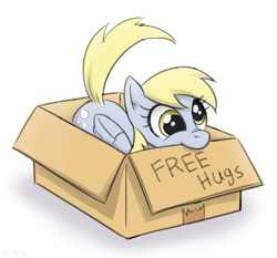 Size: 730x680 | Tagged: safe, artist:ta-na, derpy hooves, pegasus, pony, box, bronybait, cardboard box, cute, derpabetes, female, free hugs, mare, nom, pony in a box, simple background, solo, white background