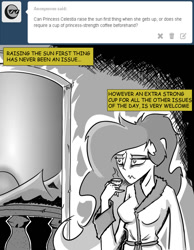 Size: 700x900 | Tagged: safe, artist:tigerdehavilland, princess celestia, human, coffee, humanized, messy mane, solo, sunrise, tired, tumblr comic, wavy mouth