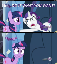 Size: 1280x1440 | Tagged: safe, derpibooru import, edit, edited screencap, screencap, rarity, twilight sparkle, pony, unicorn, games ponies play, grammar error, hub logo, insulting rarity, inverted mouth, meme