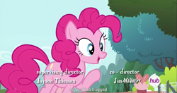 Size: 1151x609 | Tagged: safe, screencap, pinkie pie, earth pony, pony, filli vanilli, hub logo, meme, solo, youtube caption