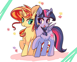 Size: 1000x800 | Tagged: safe, artist:phyllismi, sunset shimmer, twilight sparkle, twilight sparkle (alicorn), alicorn, pony, unicorn, duo, female, lesbian, mare, raised hoof, shipping, sunsetsparkle