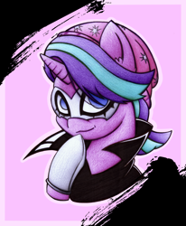 Size: 2170x2630 | Tagged: safe, artist:mustachedbain, starlight glimmer, pony, bust, crossover, equestria girls outfit, hat, joker (persona), mask, persona, persona 5, ren amamiya, smiling, solo, traditional art