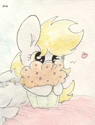 Size: 686x904 | Tagged: safe, artist:slightlyshade, derpy hooves, pegasus, pony, female, mare, muffin, solo, that pony sure does love muffins, traditional art