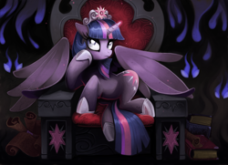 Size: 3402x2464 | Tagged: safe, artist:isseus, derpibooru import, twilight sparkle, twilight sparkle (alicorn), alicorn, pony, book, evil, female, mare, scroll, solo, throne, throne slouch, tyrant sparkle