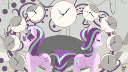 Size: 1920x1080 | Tagged: safe, artist:tohupo, starlight glimmer, pony, unicorn, clock, duality, female, mare, solo, time, time paradox