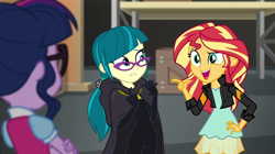 Size: 1280x718 | Tagged: safe, screencap, juniper montage, sci-twi, sunset shimmer, twilight sparkle, equestria girls, movie magic, spoiler:eqg specials, bodysuit, cape, clothes