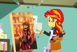 Size: 959x648 | Tagged: safe, artist:lumineko, edit, edited screencap, screencap, sunset shimmer, twilight sparkle, eqg summertime shorts, equestria girls, the art of friendship, burning, crazy face, crown, faic, funny, jewelry, paint, painting, parody, pyromaniac, regalia, snapset shimmer, sunset's painting, twilight snapple, wat