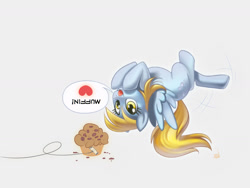 Size: 1280x962 | Tagged: safe, artist:mew, derpy hooves, pegasus, pony, bait, female, mare, muffin, solo, that pony sure does love muffins, trap (device), upside down