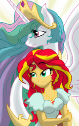 Size: 1200x1920 | Tagged: safe, artist:theroyalprincesses, princess celestia, sunset shimmer, alicorn, human, pony, equestria girls, breasts, clothes, crown, female, jewelry, lidded eyes, mare, regalia, teacher and student, updated