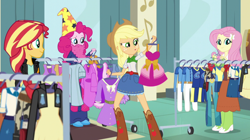 Size: 1400x784 | Tagged: safe, screencap, applejack, fluttershy, pinkie pie, sunset shimmer, equestria girls, friendship games